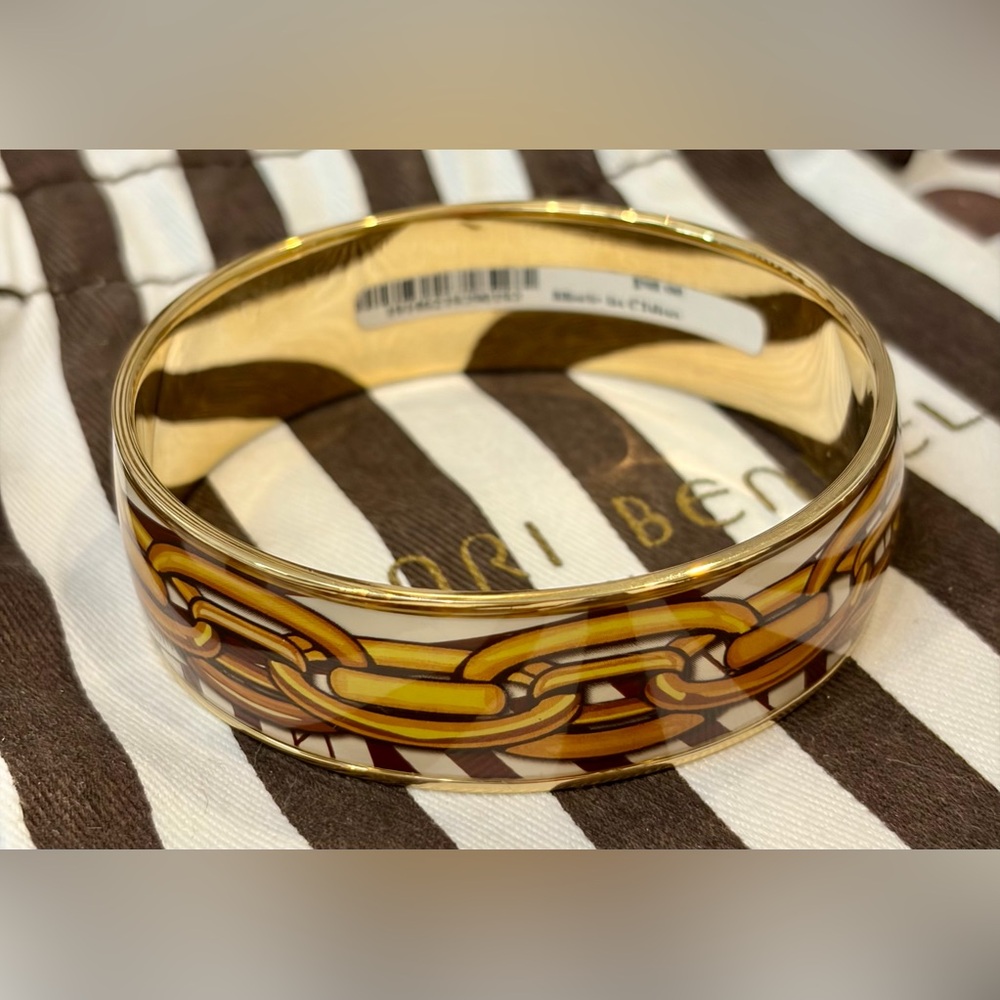 NWT RARE HENRI BENDEL Gold and Brown Enamel Chain-Print Bangle Bracelet/dust bag - Picture 3 of 9